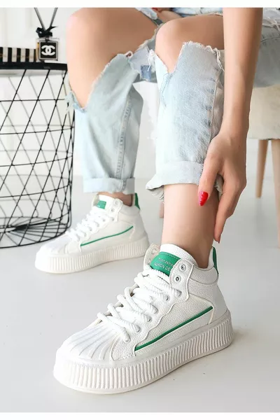 Estim White Skin Green Детайлни маратонки с връзки