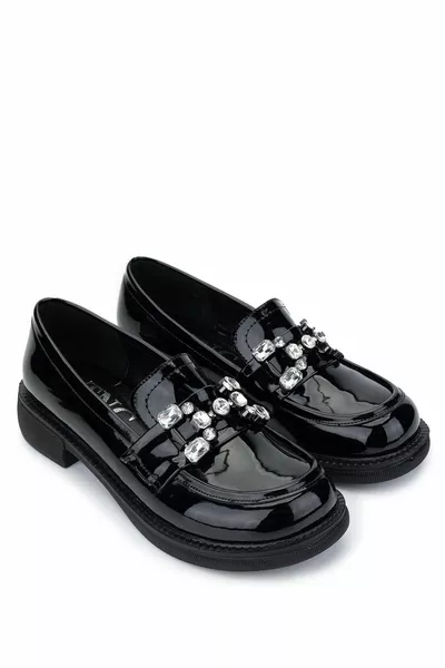 المرأة جلد طبيعي أسود براءات الاختراع الجلود أحذية المتسكع