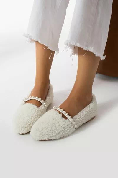Дамски бели вълнени перлени зимни балетни обувки за дома и на открито