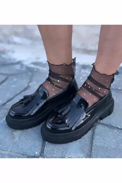 BLACK PATENT LEATHER TASSELED LOAFER OXFORD SHOES