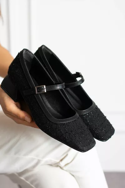 Mary Jane Closed Back Black Straw Women's Square Toe Hard Hat Short Blocked Heels