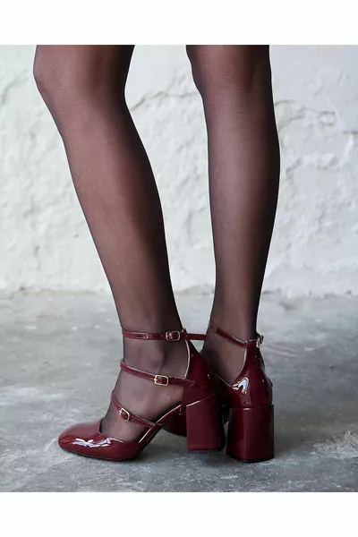 ليدي بورجوندي جلد لامع بكعب سميك 7 سم ماري جين بلانت حذاء كاجوال مغلق