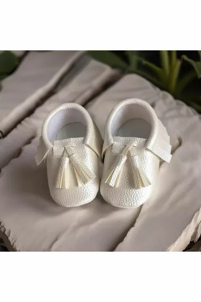 Unisex Bebek Makosen Ayakkabı, İlk Adım Ayakkabısı, Beyaz, Lastikli, Püsküllü