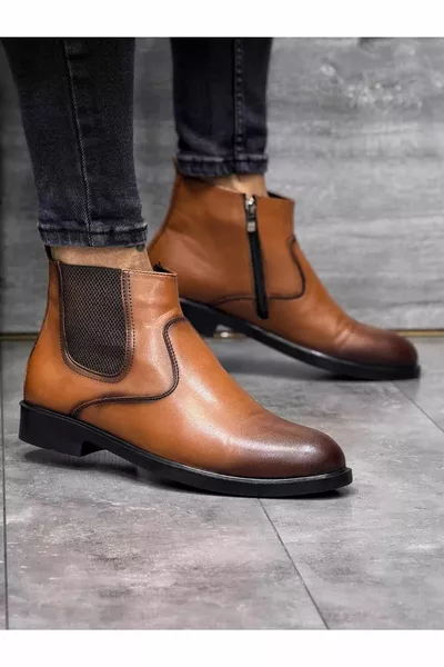 Erkek Taba Lastik Detaylı Deri Ortopedik Günlük Şık Rahat Bot 