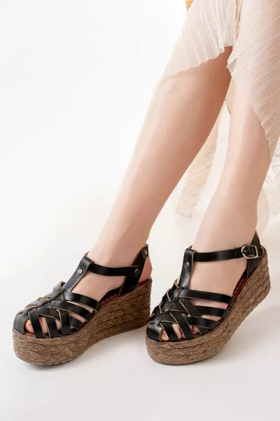 Black Orthopedic Genuine Leather Padding Women Sandals