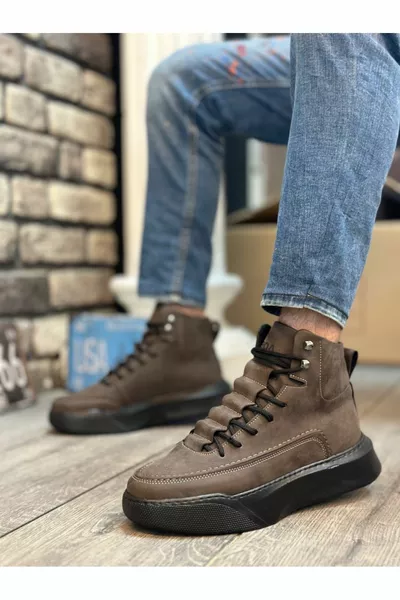  حذاء رياضي بني عالي النعل للرجال مع أربطة مخفية