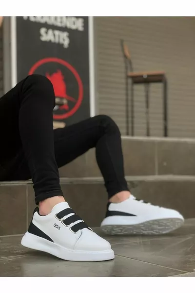 Hommes Blanc Noir Casual Strap Simili Cuir Confort Sneaker Semelle Haute Casual Sneakers