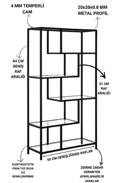 Moderne 6-planken zwarte metalen frame glazen plank accessoirerek boekenkast