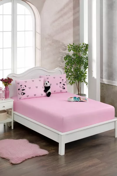 Roze Panda Print Stof Met Elastische Hoeslaken Set Met Kussens