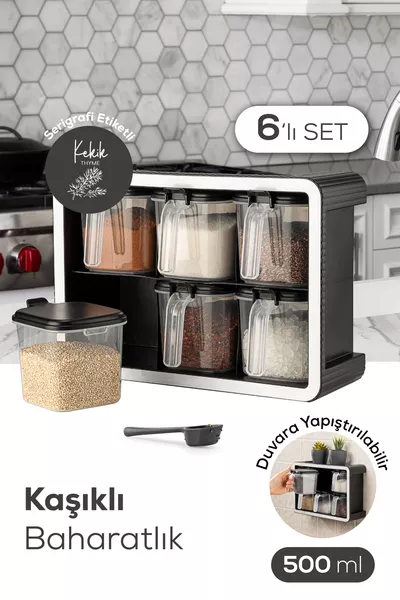 Ensemble de 6 épices en noir avec support, étiquettes sérigraphiées blanches, cuillères autocollantes