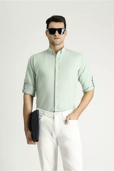 Lange Mouwen Relaxed Fit Comfortabele Snit Katoenlook Katoenen Overhemd met Knopenhals