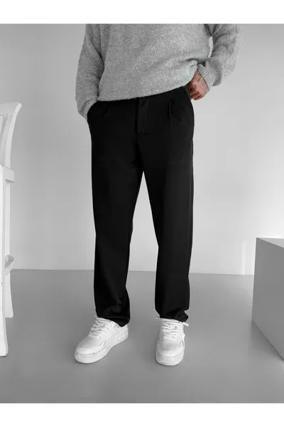 Erkek Baggy Fit Beli Lastikli Rahat Pantolon Siyah