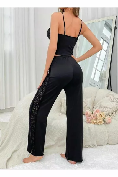 طقم بيجاما نسائي من فيسكوز باللون الأسود مع دانتيل جانبي نساء نيسا