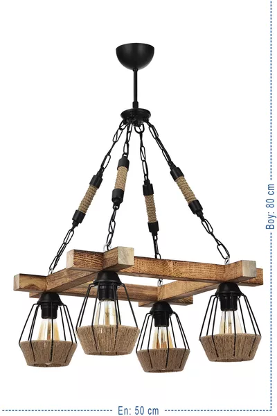 Пина Дървен Луксозен Полилей с 4 Каната Въже