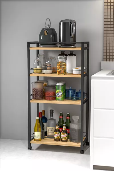 Scaffale Metallico a 4 Ripiani con Ruote, Portaoggetti da Cucina e Bagno, Organizer in Metallo Multiuso con Ruote