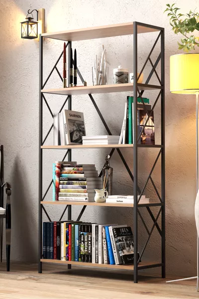 Decoratieve boekenplank met 5 planken, brede metalen boekenplank, archiefboekenplank, kantoor- en woonkamerplank  cm, zwart walnoot