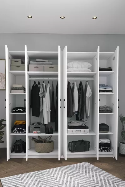 Armadio con 6 Ante e Ripiani, Guardaroba, Armadio Bianco a 6 Ante