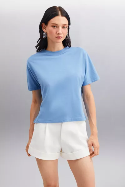 Lottie Women's % Organic Cotton Regular Fit Crew Neck Basic Short Sleeve Indigo T-shirt