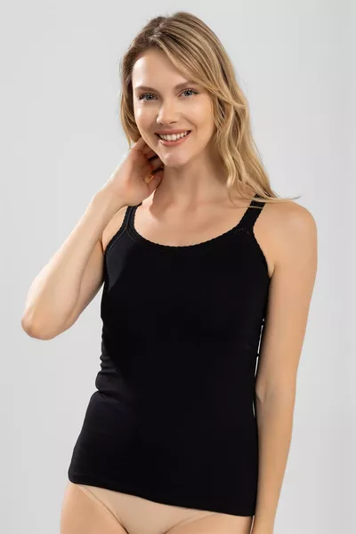 Damen Baumwolltop mit Trägern und Spitzenbesatz, Schwarz