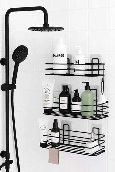 Plak en Monteer Zonder Boren – 3-laags Badkamer Wandrek, Shampoo & Douche Organizer, Zwart Roestvrij voor het Leven