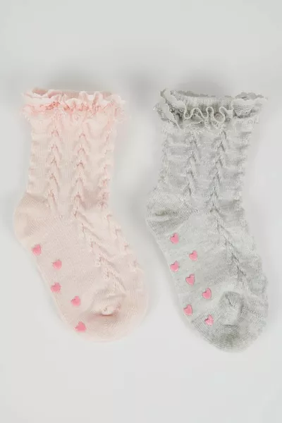 جوارب طويلة قطنية لطفلة مع قاعدة مضادة للانزلاق، طقم مكون من قطعتين