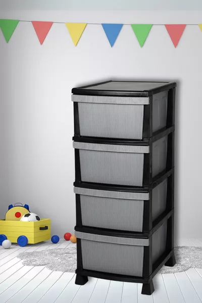 4-Tier Striped Plastic Nightstand with Drawers - Vegetable Rack - Drawer - Toy Box Basket