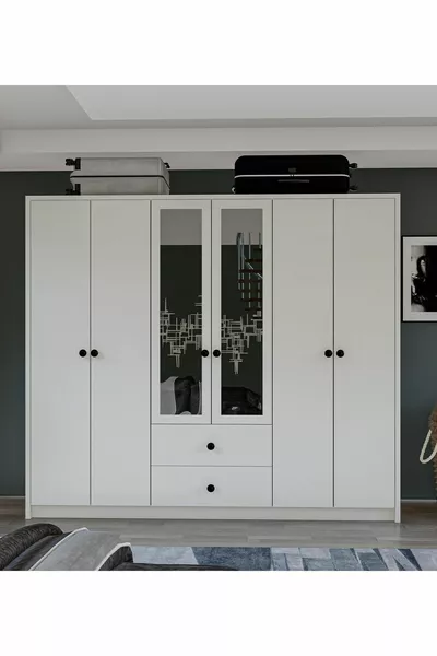 Armadio con specchio GM Lüx, 6 porte, 2 cassetti e maniglie a bottone