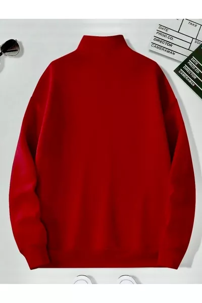 Red High Neck Half-Zip Plain Sweater Sweatshirt