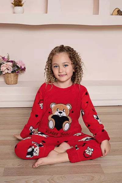 KAPİ KIDS Long Sleeve Red Teddy Bear Girl Fleece Pajama Set
