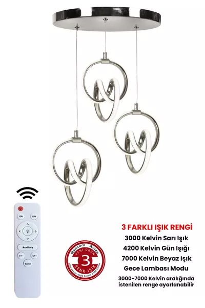 Lampadario LED con 3 luci, corpo cromato, dimmer, telecomando e tre colori - Lampadario LED firma 3 luci