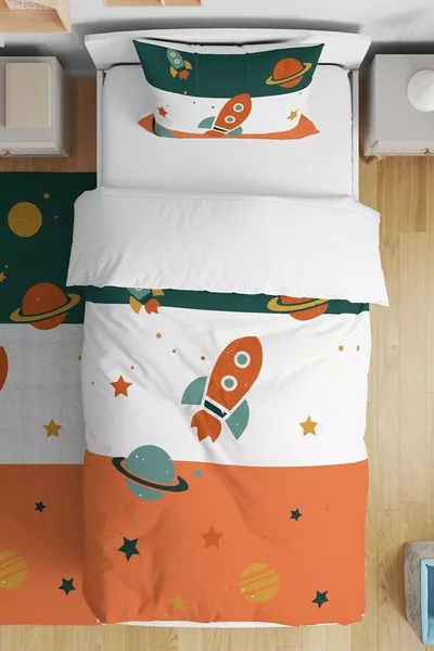 Retro Green Orange Spacecraft Pattern Single Bed Baby Kids Duvet Cover Set
