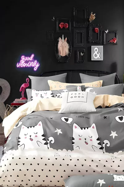 Комплект спално бельо с чаршаф с ластик Едноспален Сив с милите котенца