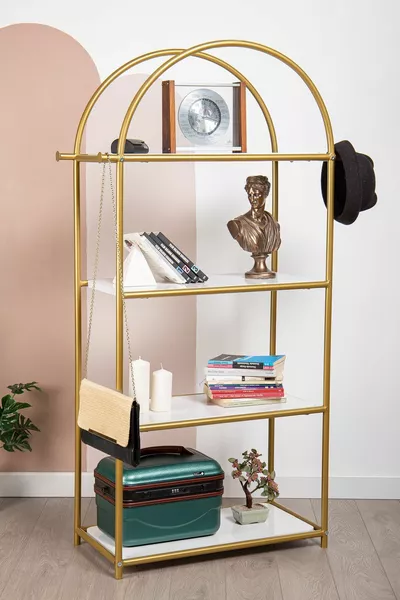 Hestia Bibliothèque Décorative Meuble Étagère Bibliothèque Métal Décoratif Or à 4 Niveaux