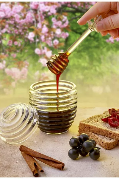 Stijlvolle bijenkorfvormige 3-delige kristallen honingpot met lepel | Mica Kruik | Potje honing en jam