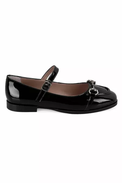 Swanie Black Women's Chain Detailed Mary Jane Patent Leather Ballet Flats