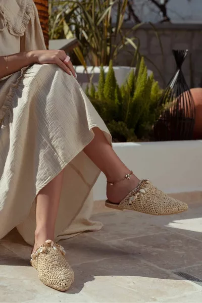 شل البحر التفاصيل الخوص محبوك الجبهة مغلقة النعال