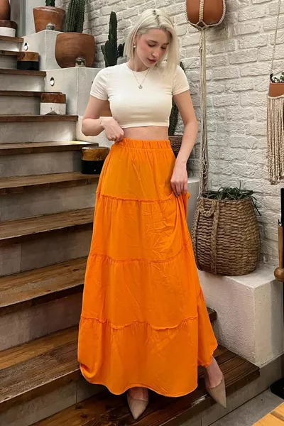 Gonna lunga da donna plissettata di base arancione