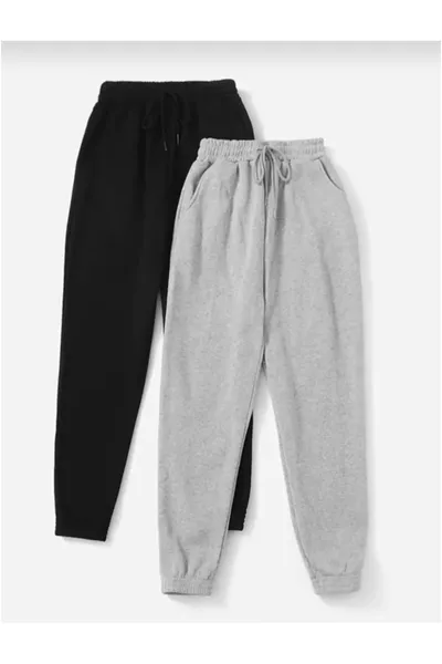 Pantalon de jogging unisexe taille haute noir-gris, lot de 2