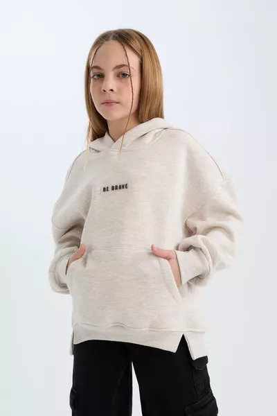 Kız Çocuk Oversize Geniş Kalıp Kapüşonlu Baskılı İçi Yumuşak Tüylü Sweatshirt WN