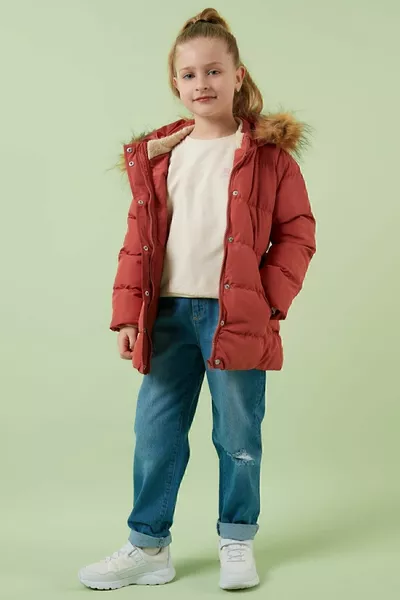 Girls' Coat with Faux Fur Collar, Hood, and Pockets 