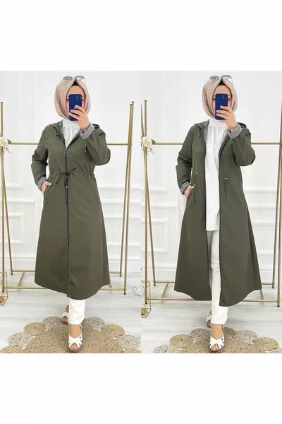 Khaki Striped Lined Waterproof Women's Trench Coat