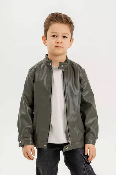 Boys' Leather Jacket with Zipper and Snap Collar
