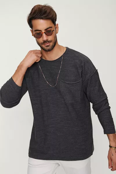 Мужской антрацитовый свитер Hero с круглым вырезом, карманами и тонкой вязкой, с длинным рукавом, с потайными швами 