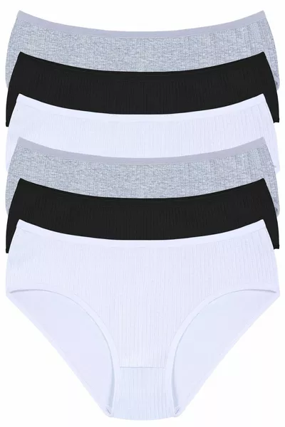 % хлопок, высокая талия, в рубчик, комплект из 6 женских трусов: 2 черных, 2 серых, 2 белых