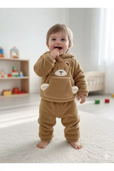 Велюровый комплект для детей и малышей с вышивкой мишки и капюшоном / ткань велсофт флис