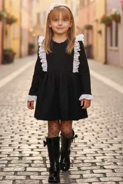 Girls' Dress Set Elena Black Long Sleeve Crew Neck with Eyelet Lace Details and Hairband
