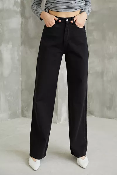 High-Waisted Black Palazzo Jeans Stretch Denim Pants
