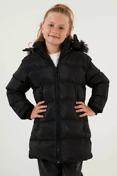 معطف شتوي للبنات ببطانة فرو ناعمة، وياقة وفرو صناعي قابل للإزالة وغطاء رأس قابل للإزالة