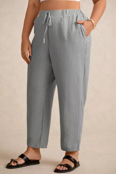 Women's Summer Plus Size Synthetic Linen High-Waist Elastic Narrow Leg Mom Pants 