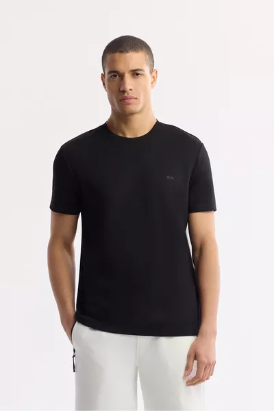 Мъжка черна тениска с велосипедна яка, Bi-Stretch, с принт, Regular Fit 